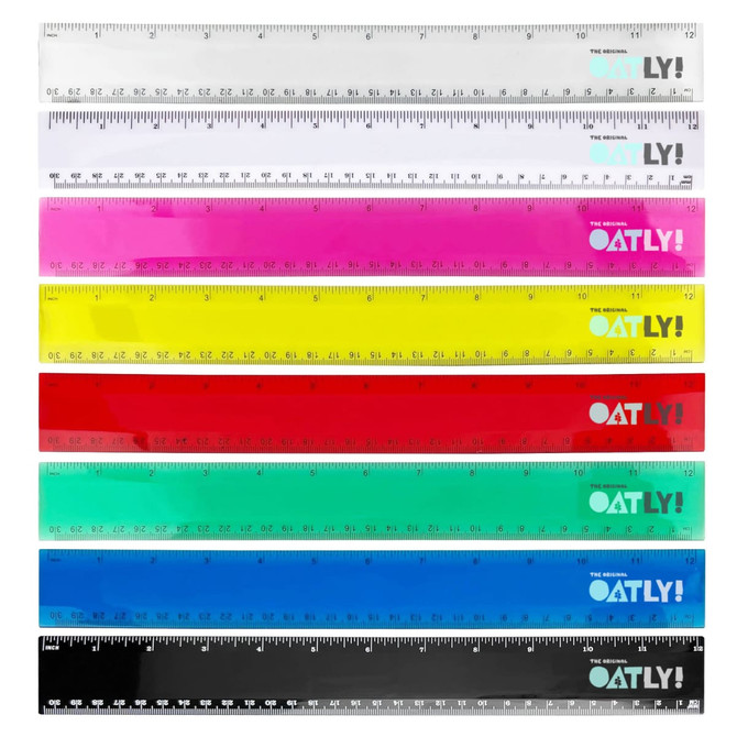 A set of plastic rulers in various colours including clear, pink, yellow, red, blue, and black, each with markings and a logo.