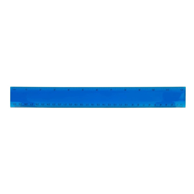 A blue plastic ruler measuring 30cm with clear markings for measurements and a branding logo.