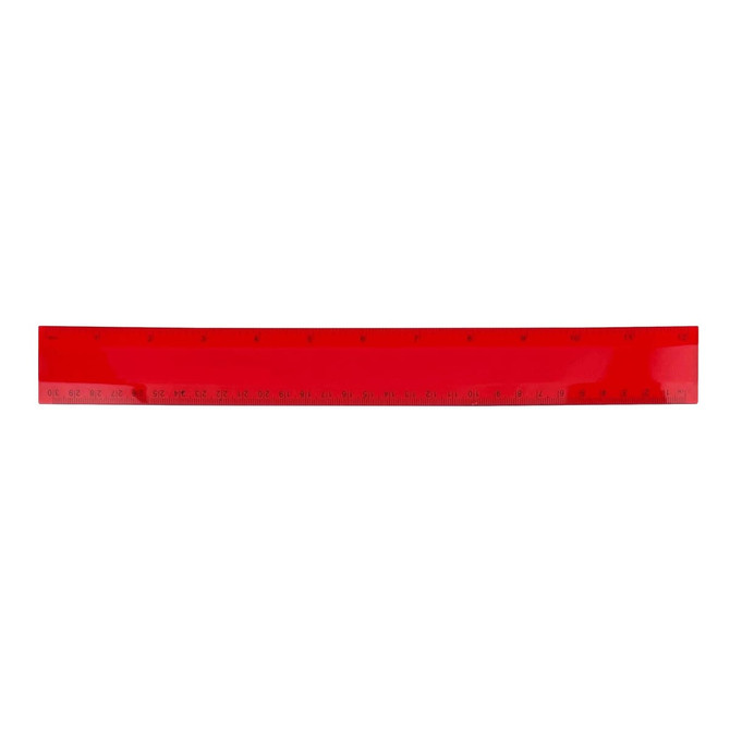 A red plastic ruler measuring 30cm, featuring markings for measurements. It includes a logo.