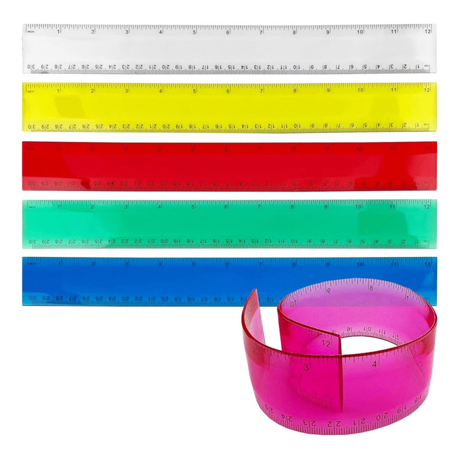 A set of five soft PVC rulers in clear, yellow, red, green, and blue, along with a flexible pink ruler.
