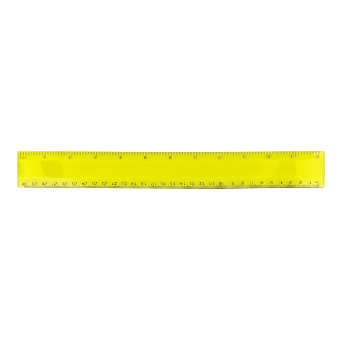 A bright yellow PVC soft plastic ruler featuring both metric and imperial measurements, with a logo present.