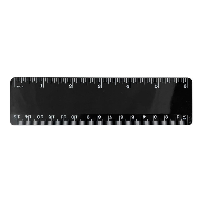A black plastic ruler measuring 15cm, featuring clear markings in inches and a branding logo.