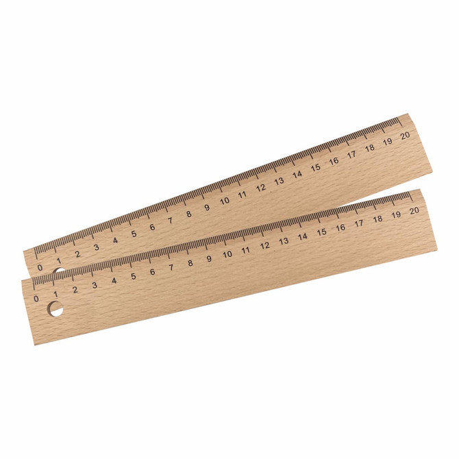 A wooden 20cm ruler with centimetre markings, featuring a small hole, in a light natural wood colour.