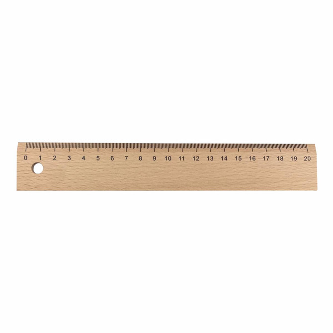 A wooden ruler measuring 20 cm, featuring a hole at one end and markings in centimetres.