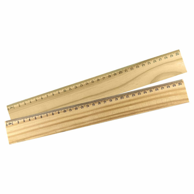 A wooden 30cm ruler featuring metric measurements, showcasing a light timber finish with a smooth surface and a branding logo.