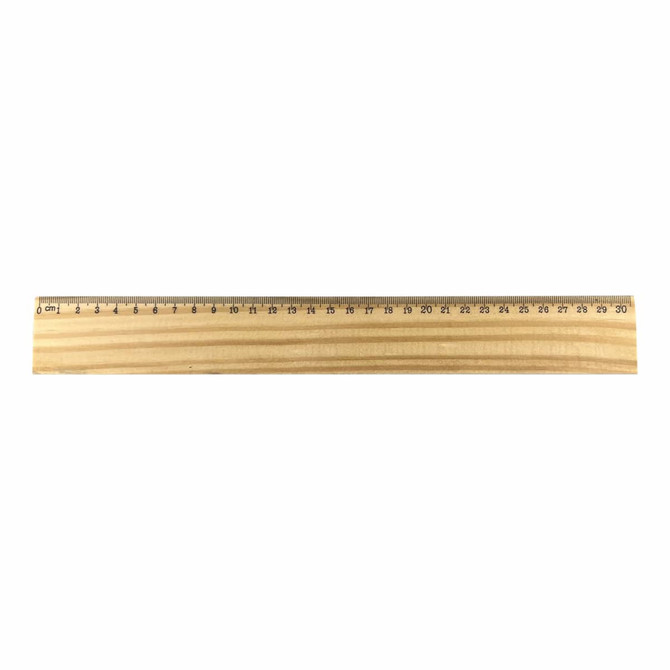 A wooden ruler measuring 30cm, with metric markings along one edge and a natural wood finish.