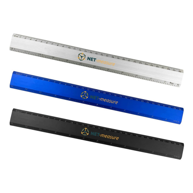 Three aluminium rulers in white, blue, and black, each featuring a logo and measurement markings.