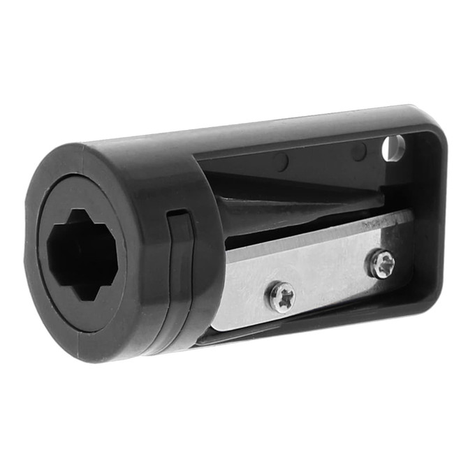 A black carpenter pencil sharpener with a stainless steel blade and an enclosed design.