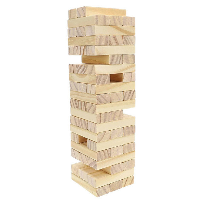 A large Jenga set made of light wood blocks, stacked vertically in a tower formation.