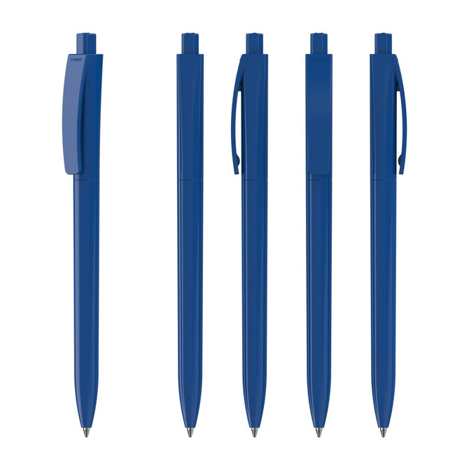 A set of five blue plastic pens with a sleek design and clip feature, showcasing different angles.