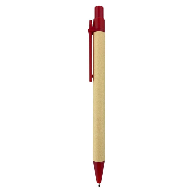 A recycled cardboard pen with a red click mechanism and clip, featuring a simple design and a natural finish.