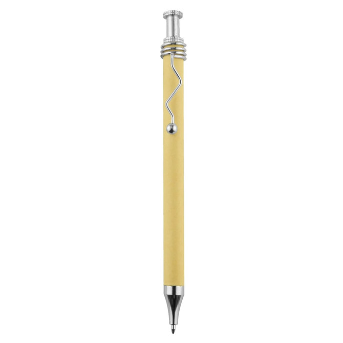 A yellow recycled cardboard pen with silver accents and a unique clip design. Features a logo on the barrel.