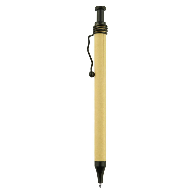 A recycled cardboard pen in natural beige with black accents and a clip, featuring a branding logo.