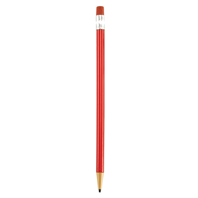 A round mechanical pencil in vibrant red with a black tip and a white branding section.