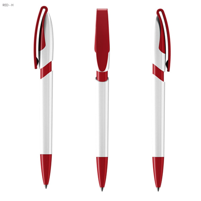 A plastic pen featuring a white body with red accents, including a click mechanism and clip. It has a logo.