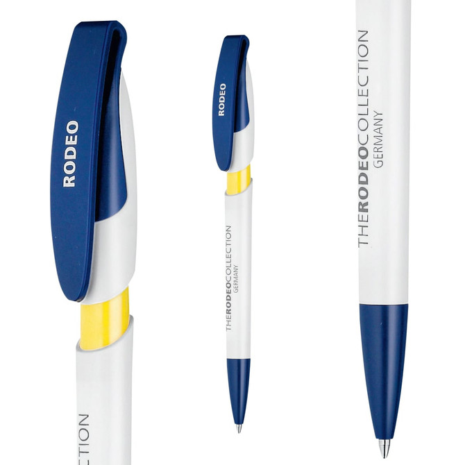 A plastic pen featuring a white body, blue cap, and yellow accents, with a logo on the side.