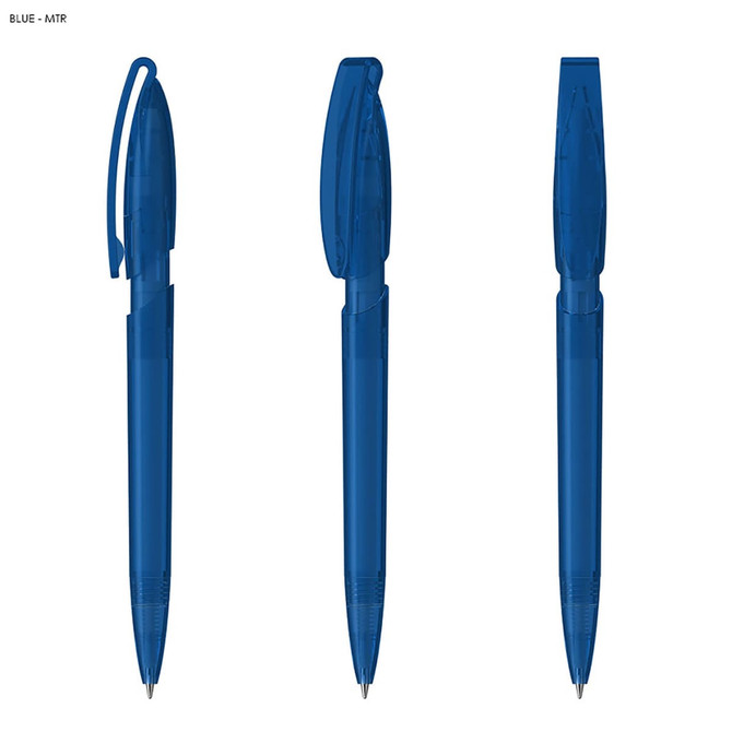 Three blue plastic pens with transparent barrels, featuring clips and retractable tips. The product includes a logo.