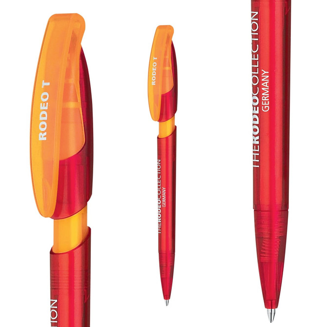 A plastic pen in red and orange with a transparent barrel and a removable cap, featuring a logo.
