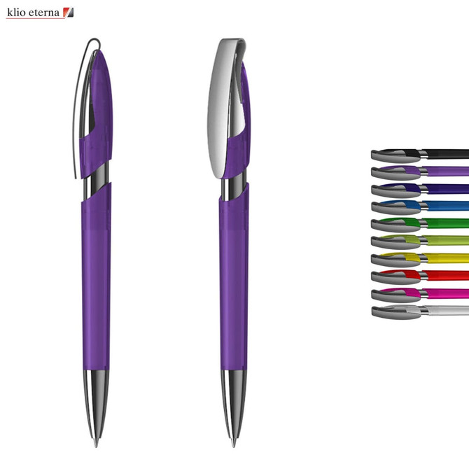 A purple plastic pen with a silver clip, accompanied by a variety of colourful pen options on the right.