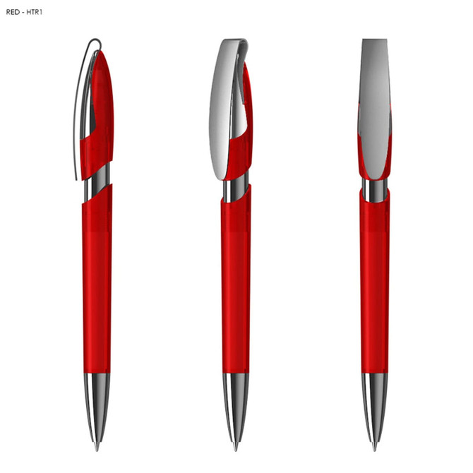 A transparent red plastic pen with silver accents, showcased from three different angles.