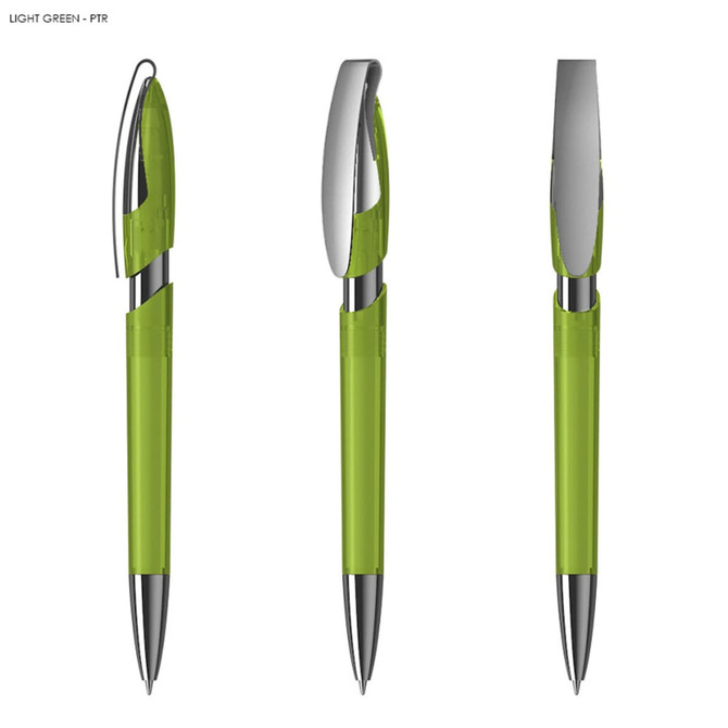 A light green plastic pen with a silver clip and trim, featuring a transparent barrel and cap.