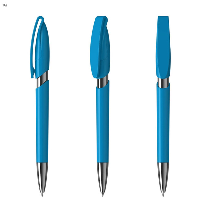 A blue plastic pen with a shiny silver tip and a clip, displayed from three angles.
