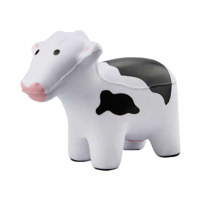 A black and white stress cow toy with a smiling expression and simplified features. It has a branding logo.