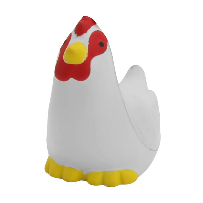 A white stress chicken with a red comb and yellow feet, featuring a simple design. It has a branding logo.