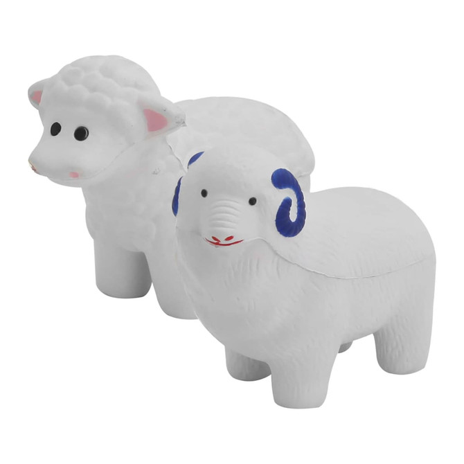 A pair of white stress sheep, featuring a ram with blue markings and a ewe with a textured wool appearance.