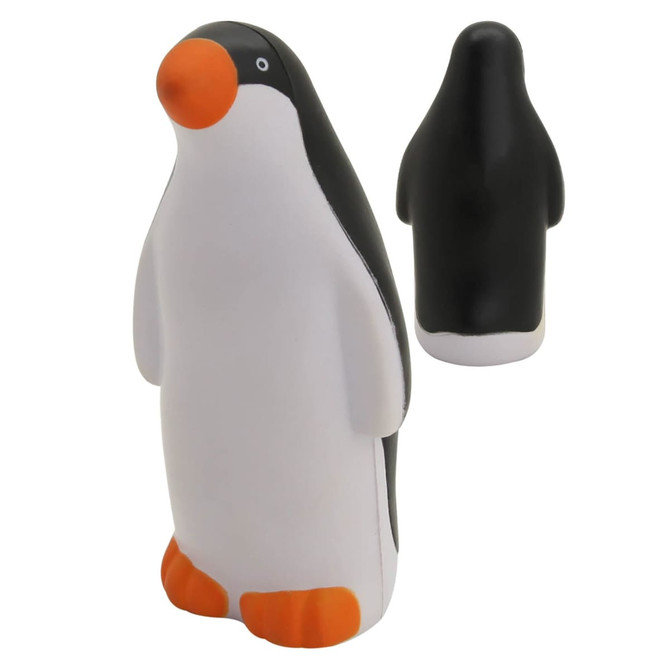A black and white stress relief penguin with an orange beak, designed for fun and relaxation. Features a logo.