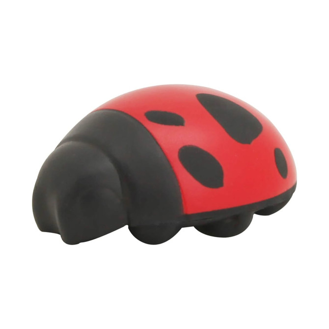 A stress relief toy in the shape of a ladybird, featuring a red body with black spots and a black underside.