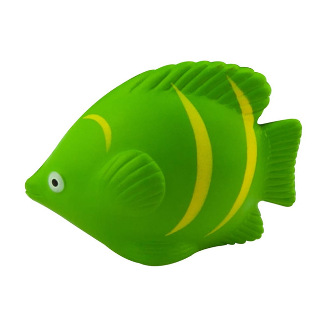 A green stress toy in the shape of a tropical fish with yellow stripes and a small eye. It has a smooth surface and a playful design.