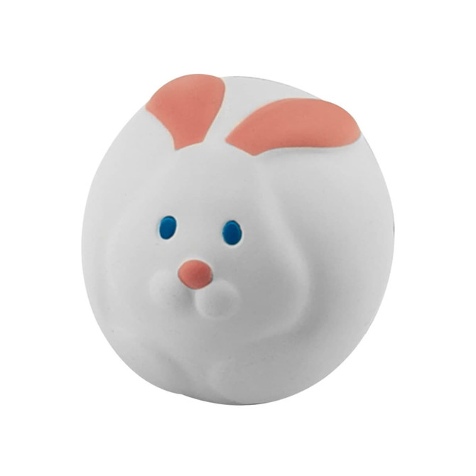 A round, white stress-relief toy shaped like a rabbit, featuring pink ears and blue eyes.