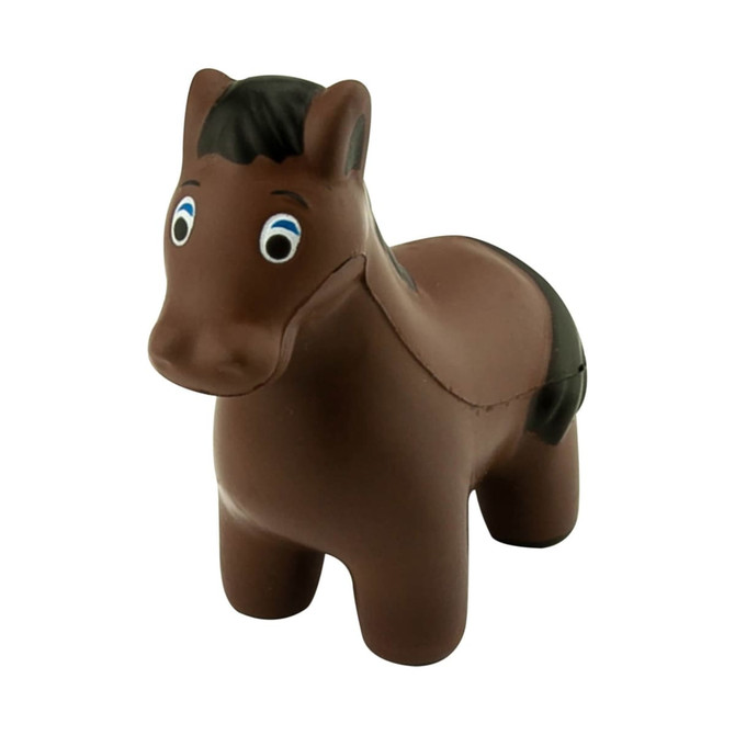A brown stress horse with a black mane, featuring friendly blue eyes and a simplistic design. It has a logo on its side.