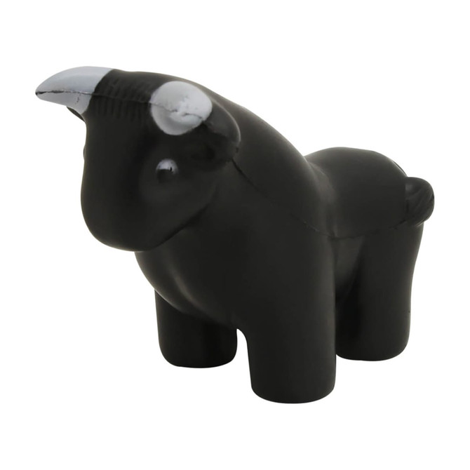 A black stress relief bull figurine with a smooth finish, featuring white accents on the horns.