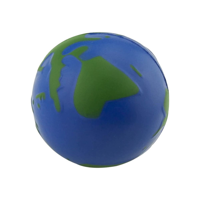 A small stress ball shaped like a globe, featuring blue and green colours to represent Earth. It has a logo on it.