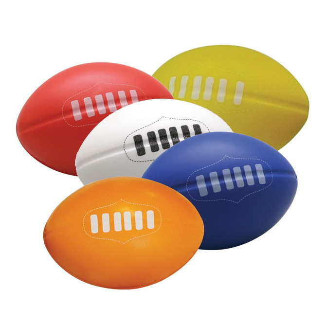 A collection of five stress balls styled like miniature rugby balls in red, orange, yellow, white, and blue. Each has a logo.