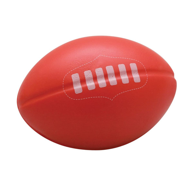 A red stress ball shaped like a football with white detailing and a logo on one side.