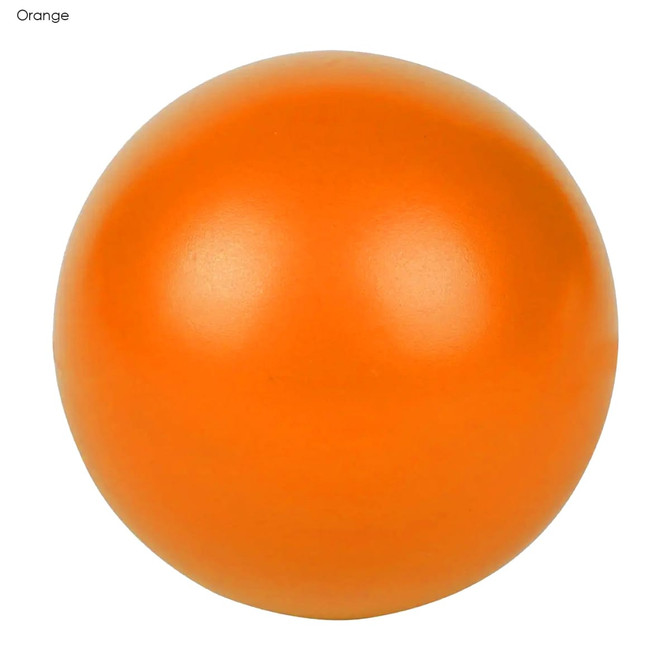 An orange stress ball with a smooth, glossy surface. It features a logo.