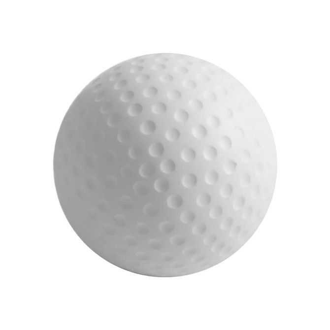 A white stress golf ball with a textured surface featuring dimples, designed for relieving tension.