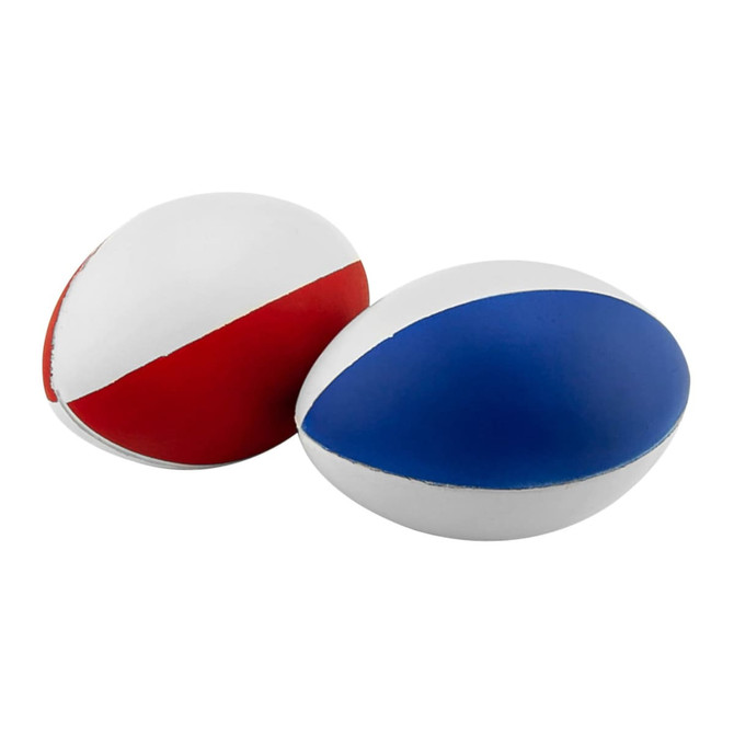 Two stress footballs, one featuring red and white colours and the other in blue and white, with a logo on each.