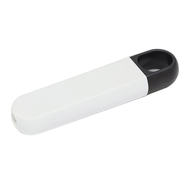 A white and black mini screwdriver kit with a sleek, elongated design and a circular opening at one end.