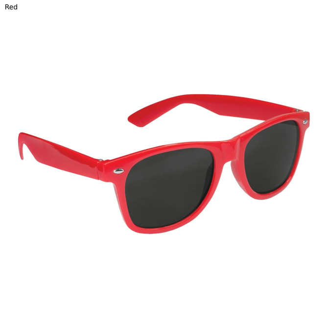 Red sunglasses with dark lenses, featuring a classic design and a logo on the side.