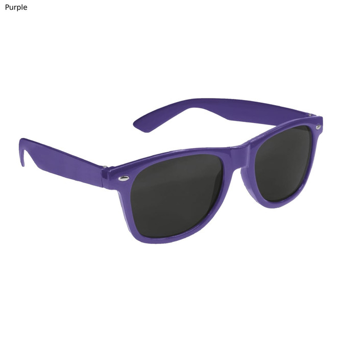 Purple sunglasses with dark lenses, featuring a classic design and a logo on the frame.