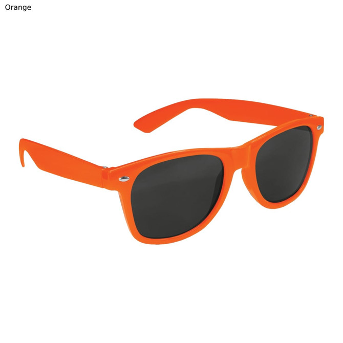 Bright orange sunglasses with dark lenses, featuring a logo on the side. Ideal for leisure and outdoor activities.