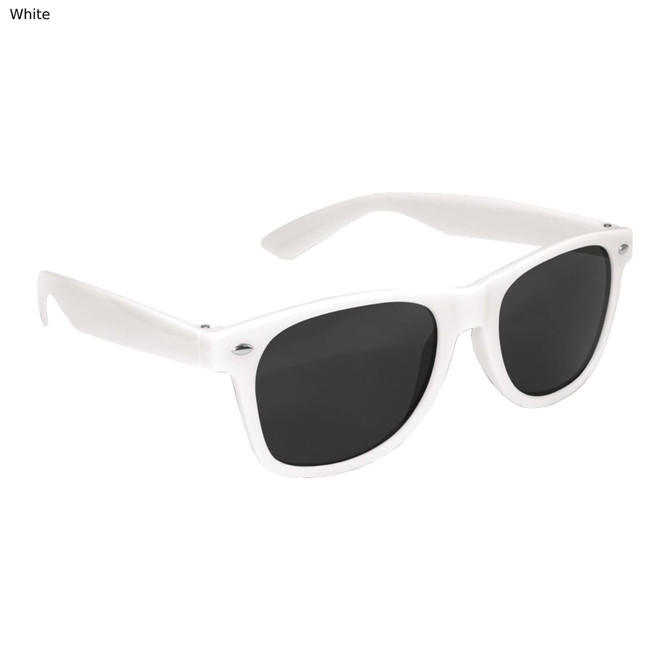 A pair of premium sunglasses with white frames and dark lenses, featuring a logo on the side.