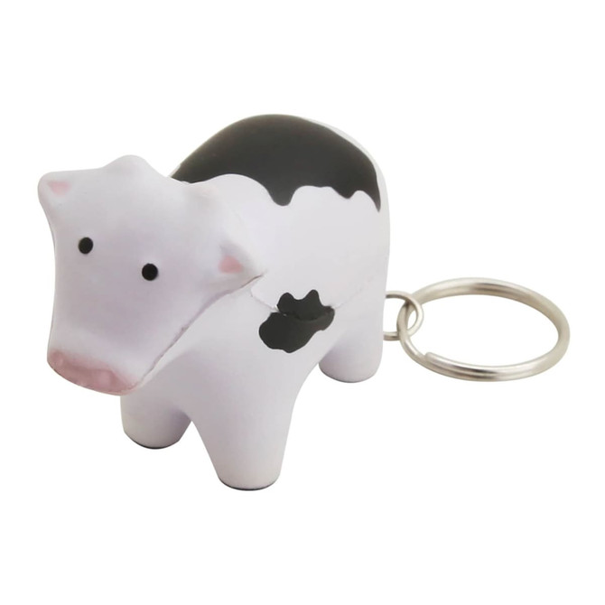 A fun black and white stress cow key ring with a metal keychain attached.