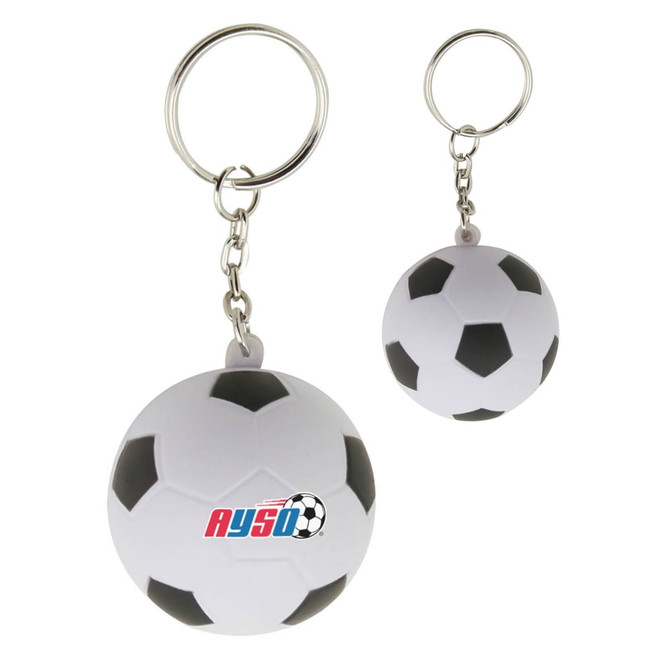A stress soccer ball key ring in white and black, featuring a logo and attached to a silver keychain.