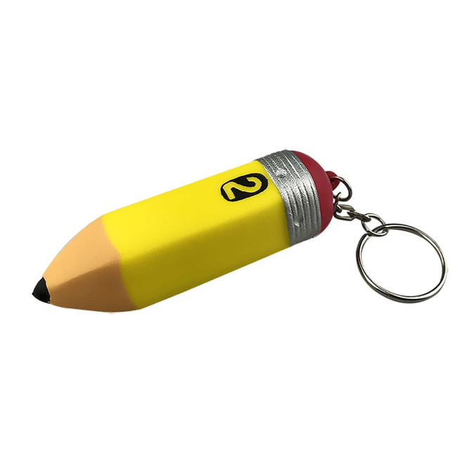 A bright yellow pencil-shaped stress keyring with a silver and red cap, attached to a metal keyring.