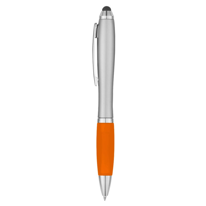 A silver stylus pen with an orange rubber grip and a clip, featuring branding on the body.